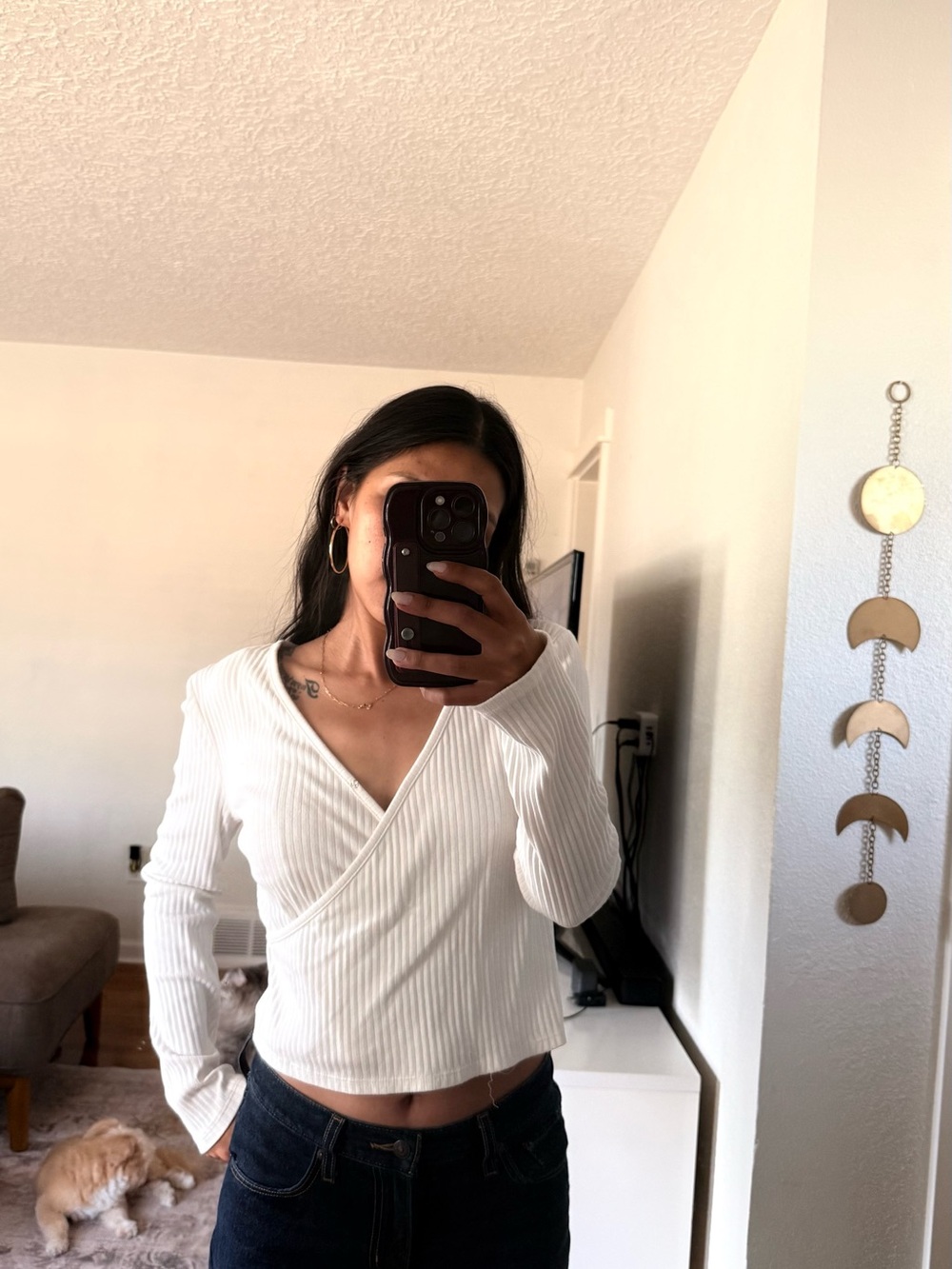 SO White Ribbed Wrap-Front Long Sleeve Top